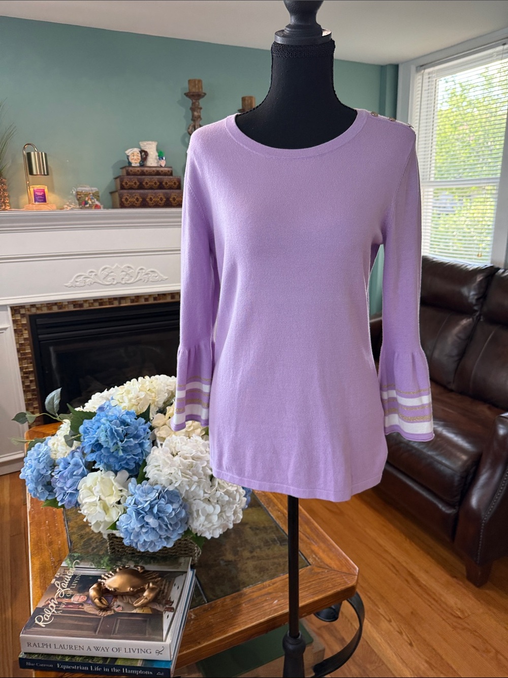 Lilly Pulitzer Lavender Bell-Sleeve Sweater with Stripe Cuffs